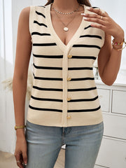 Buttoned stripe knit tank vest in cream with black stripes and gold buttons.