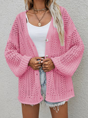 Open-knit button-down cardigan in Dusty Pink with balloon sleeves and a relaxed fit.