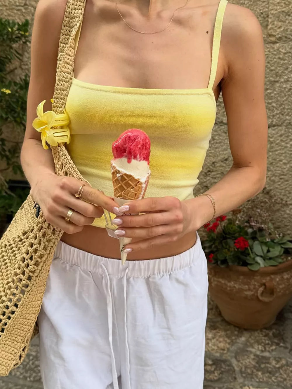 Gradient Adjustable Straps Cami in Yellow, model styling view