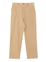 Khaki relaxed fit men's sweatpants with pleats and button closure.
