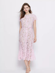 Powder floral lace mermaid dress with short sleeves and a matching belt.