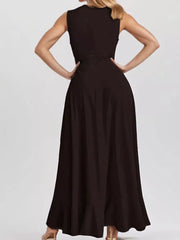 Black ruffled high-low maxi dress with a sleeveless design.