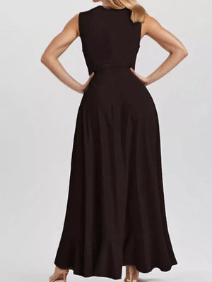 Black ruffled high-low maxi dress with a sleeveless design.