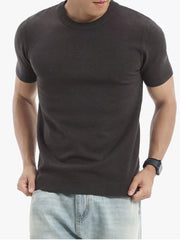 Men's dark gray knit crew neck undershirt with short sleeves and ribbed hem.