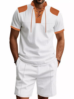 Men's white casual two-piece set with lace-up detail and tan accents.