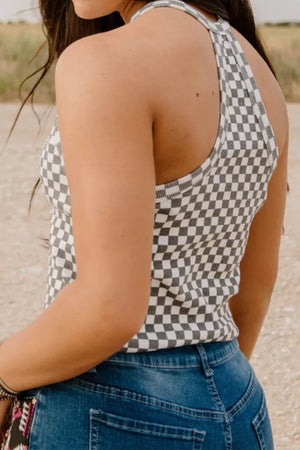 Textured checkered halter tank top in black and white, showing back detail.