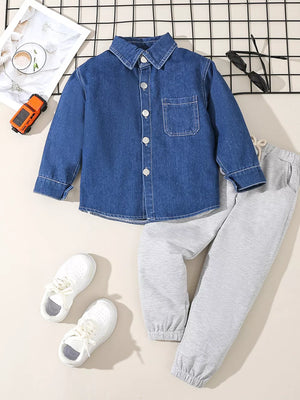Children's Denim Shirt And Joggers Set in Blue, front view