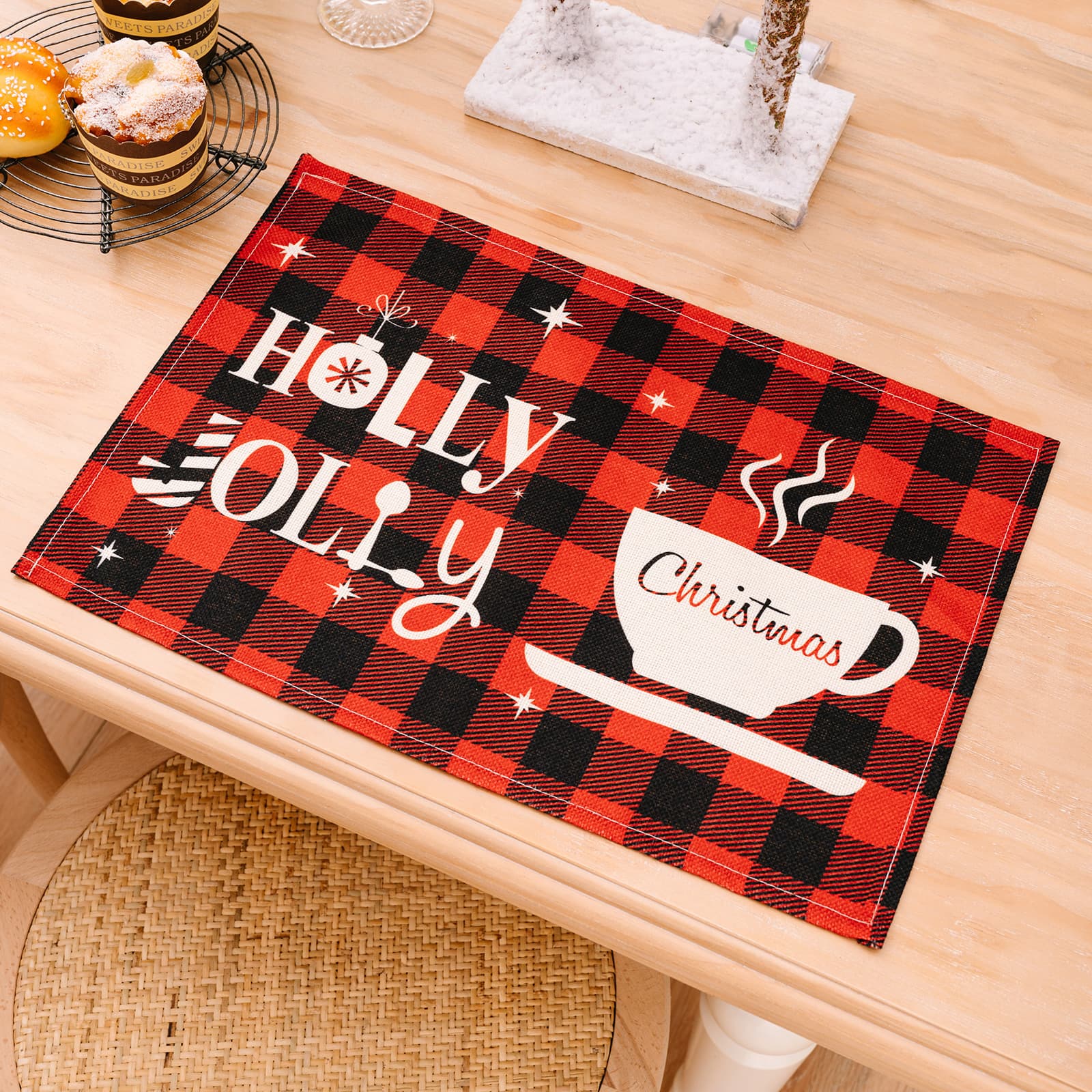 Festive plaid placemat with Holly Jolly Christmas text and coffee cup design