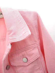 Pink denim trucker jacket with collar and chest pocket detail