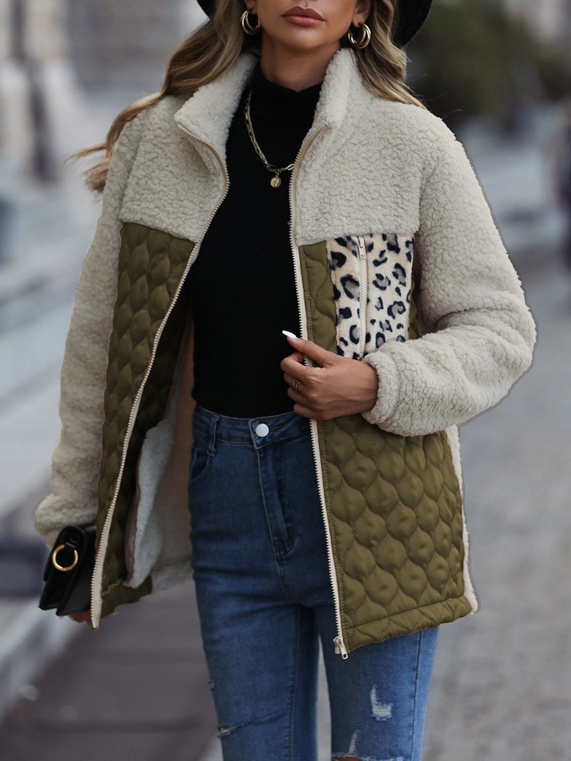 Teddy & Quilted Panel Zip Jacket in Army Green with cream teddy fabric and leopard print pocket detail.