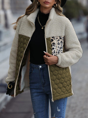 Teddy & Quilted Panel Zip Jacket in Army Green with cream teddy fabric and leopard print pocket detail.