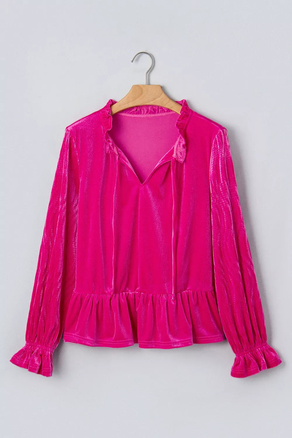 V Neck Velvet Ruffled Cuffs Long Sleeve Top in Hot Pink, close-up detail