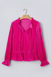 V Neck Velvet Ruffled Cuffs Long Sleeve Top in Hot Pink, close-up detail