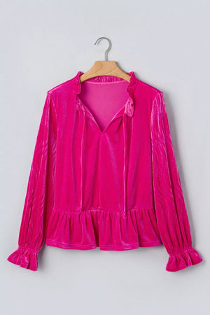 V Neck Velvet Ruffled Cuffs Long Sleeve Top in Hot Pink, close-up detail