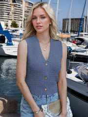 Dusty blue ribbed knit tank top with button front and V-neck