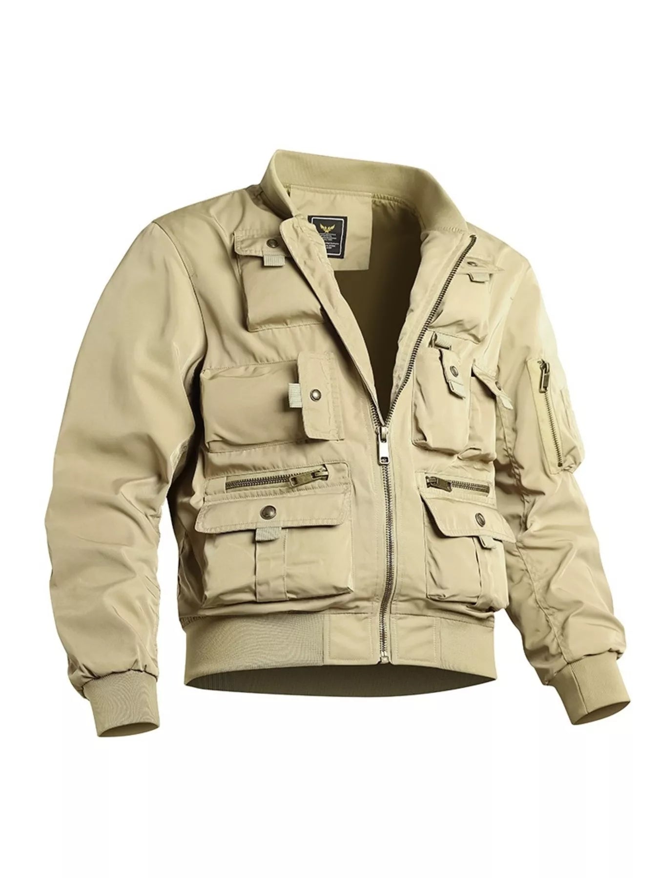 Tan utility jacket with multiple zip and flap pockets, long sleeves, and a bomber style collar.