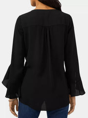 Black chiffon V-neck blouse with flared sleeves and back yoke detail.