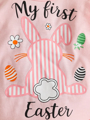 Pink baby set with a striped bunny, Easter eggs, and "My first Easter" text.