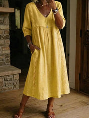 Full Size V-neck 3/4 Sleeve Midi Dress Plus Size, close-up detail
