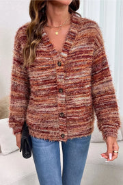 Fuzzy Striped Button Front Cardigan Sweater in Rust, back view