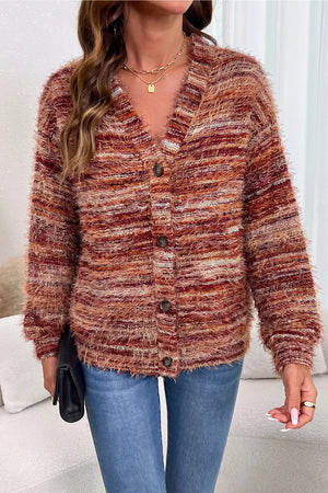 Fuzzy Striped Button Front Cardigan Sweater in Rust, back view