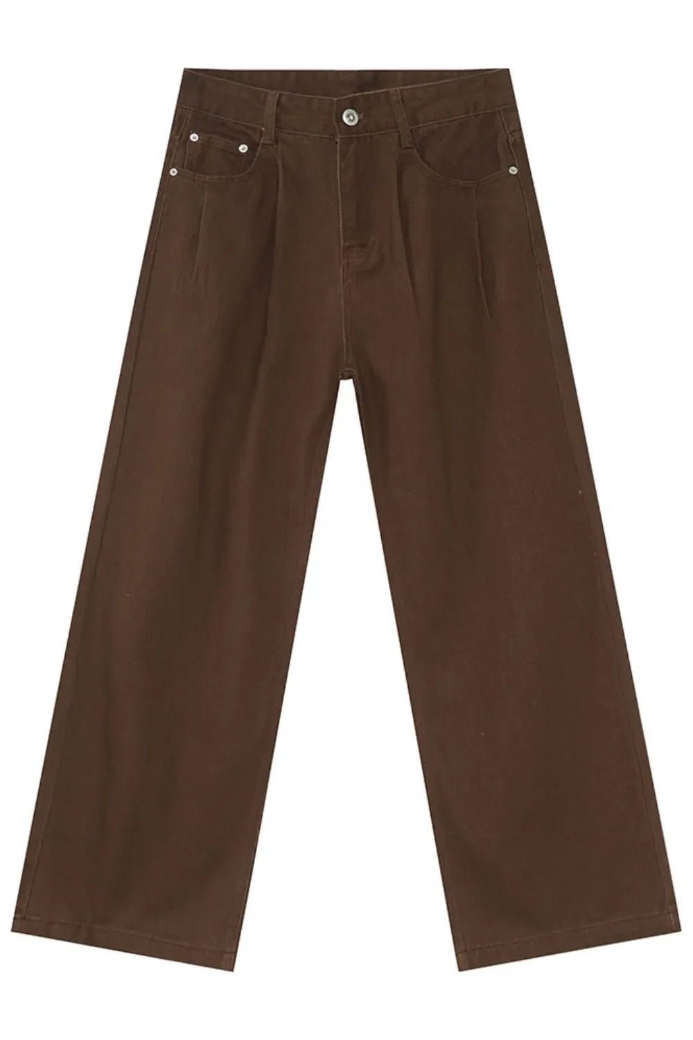Chocolate wide-leg denim trousers with front pleats and a casual silhouette.