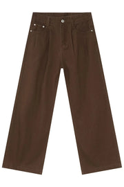 Chocolate wide-leg denim trousers with front pleats and a casual silhouette.