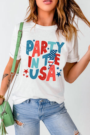 White t-shirt with distressed red, white, and blue Party in the USA graphic and lightning bolt USA flag.