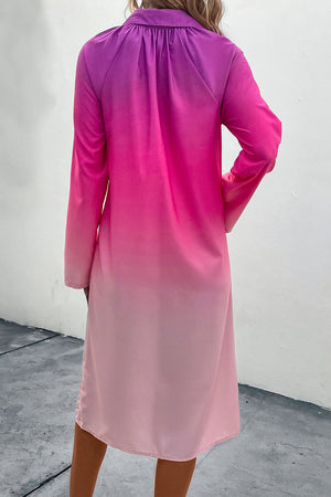 Ombre collared shirt dress in hot pink with cuffed sleeves and gathered detail at the back yoke.