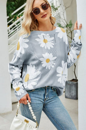 Light Gray Daisy Field Intarsia Knit Sweater with crew neck and long sleeves.