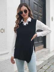 Black knit vest with asymmetric hem and side zip detail, V-neck.