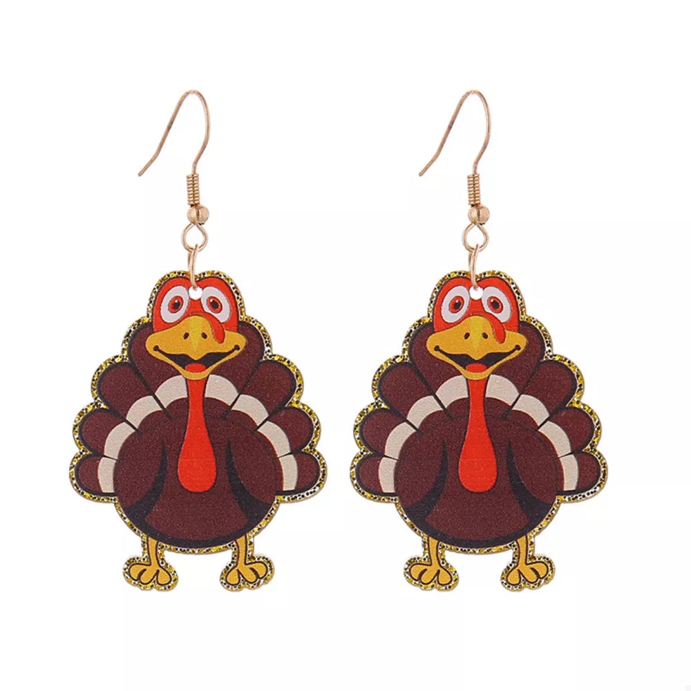 Festive turkey dangle earrings in acrylic with 18k gold hooks.