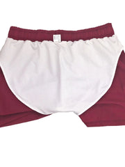 Coastal swim shorts in deep red with built-in white mesh liner and elastic waistband.