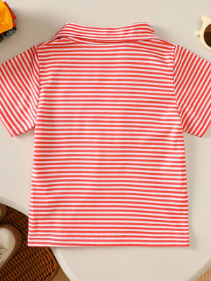 Coral and white striped baby polo shirt with a classic collar and short sleeves.