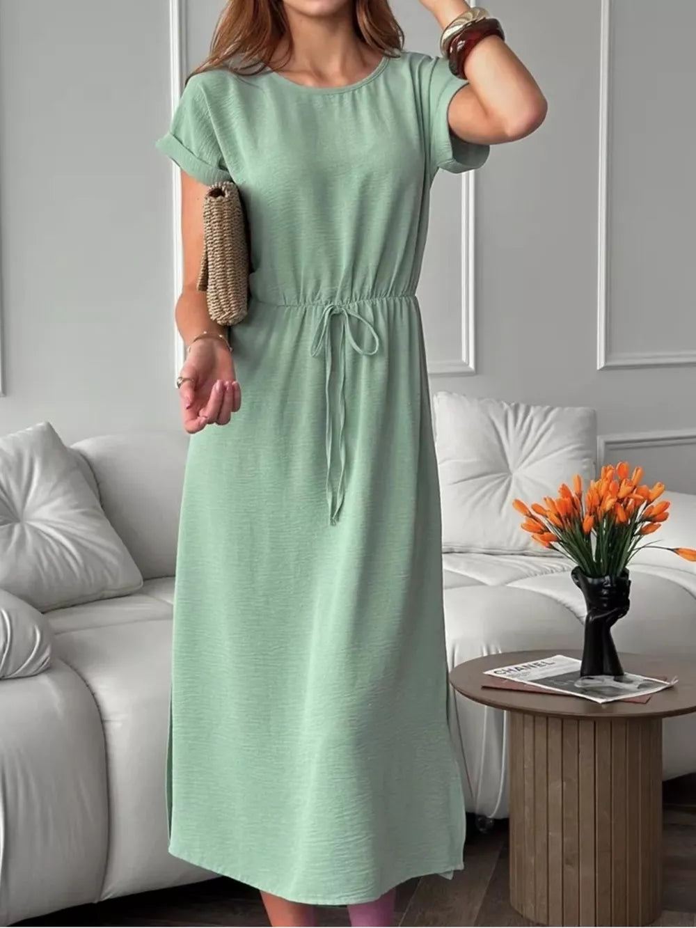 Casual Drawstring Waist Midi Dress in Deep Rose, view 14