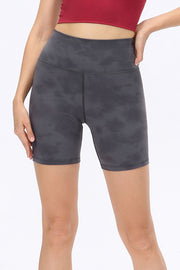 Dark Gray Cloudwash Sculpting Bike Shorts with a tie-dye pattern.