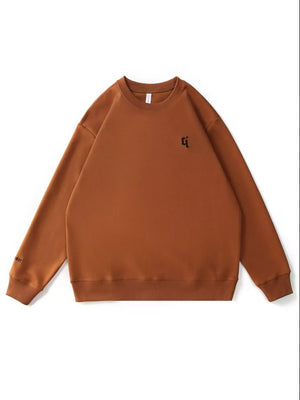 Plus-size caramel cotton blend sweatshirt with round neck and embroidered logo detail.