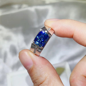 Blue emerald cut moissanite signet ring with diamond accents
