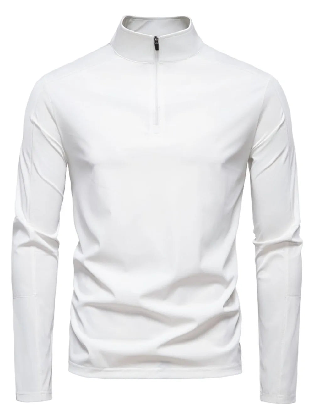White performance zip-neck tee with structured shoulders and long sleeves.