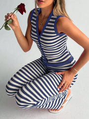 Royal blue and white striped knit V-neck buttoned sleeveless top and pants set