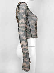 Sheer camouflage long sleeve cropped tee with a body-hugging fit.