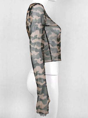 Sheer camouflage long sleeve cropped tee with a body-hugging fit.
