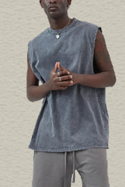 Acid wash muscle tank top in dark gray with a crew neck and sleeveless cut.