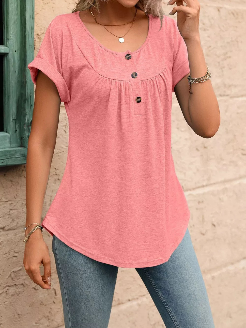 Pink maternity henley t-shirt with button detail and short sleeves