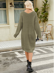Textured knit V-neck midi dress in Matcha Green with long sleeves and a relaxed fit.