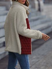 Teddy & quilted panel zip jacket in cream and burgundy with a stand-up collar.