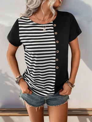 Black and white striped panel button-down tee with short sleeves.