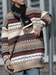 Gray and brown geometric knit sweater with a crew neck, long sleeves, and a heritage-inspired pattern.