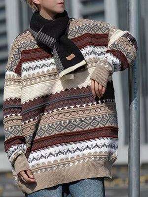 Gray and brown geometric knit sweater with a crew neck, long sleeves, and a heritage-inspired pattern.