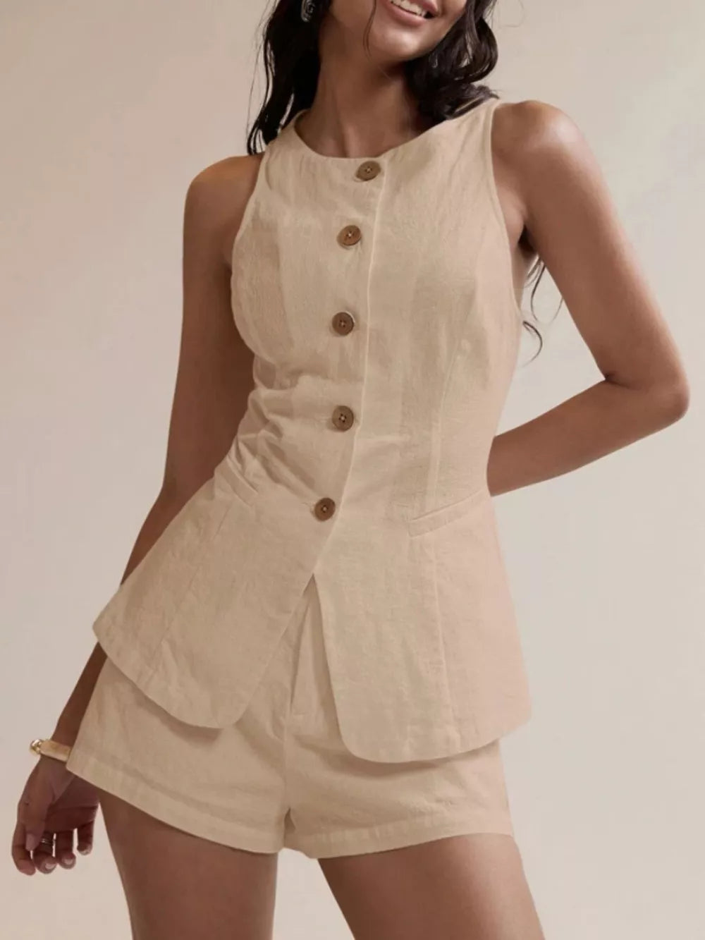 Apricot cotton two-piece set with decorative buttons and shorts